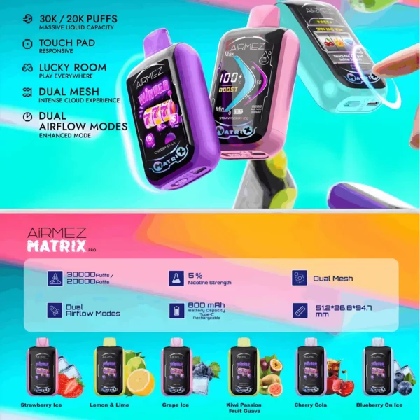 Airmez Matrix Pro 30000 Puffs – detail Dual Mesh architektury a displeje